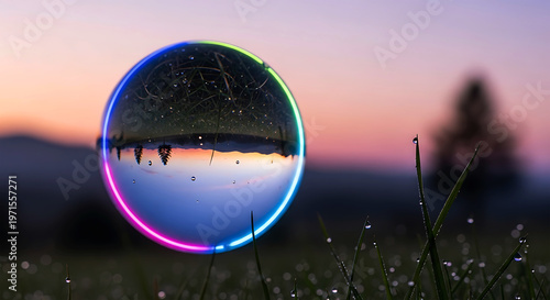 A glowing glass sphere reflecting a serene sunset over a grassy field