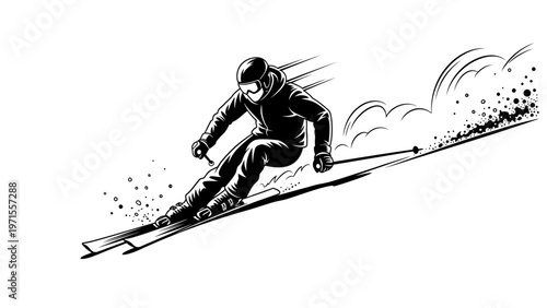 A skier in a dynamic pose speeding down a slope with motion lines and snow splashes on a white background.