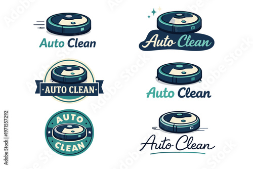 Various auto clean logo designs featuring robotic vacuum illustrations