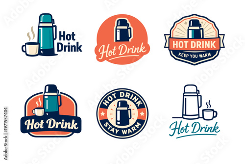 Thermos and cup logos for hot beverages with vintage design elements