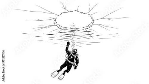 Black and white illustration of a scuba diver waving underwater with sun rays shining through the water's surface above.