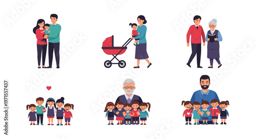 Set of diverse family groups including young parents with infants and grandparents with children shown in various loving and active poses.