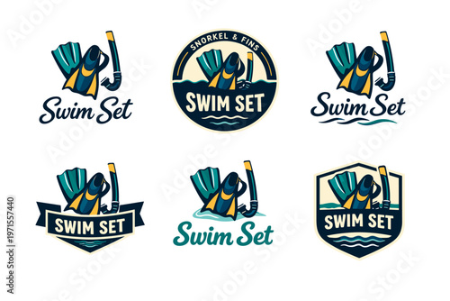 Snorkeling gear logos with swim set text in various graphic designs