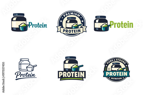 Set of protein supplement logos with jar and scoop designs