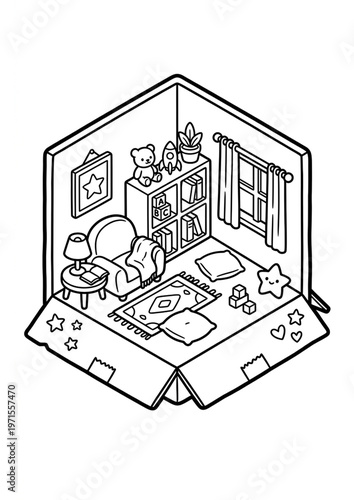 Cute isometric room interior coloring page illustration in black and white line art. Features various home spaces such as bedroom, playroom, and living areas with detailed objects. Perfect for kids co