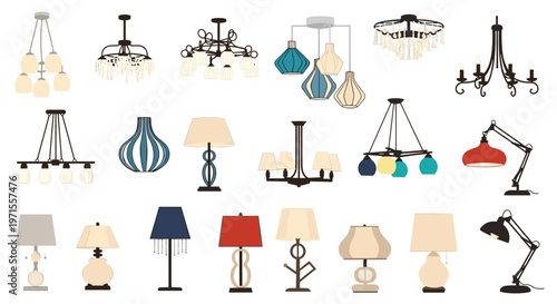 Extensive collection of interior lighting fixtures including various styles of chandeliers pendant lamps and modern table and desk lamps.