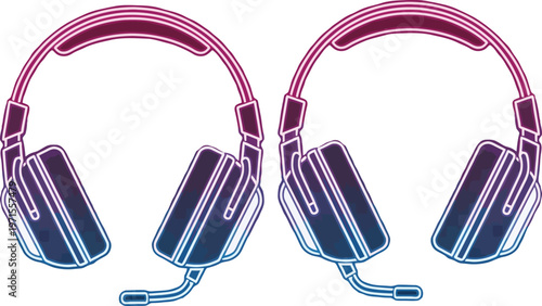 Vector illustration of two gradient gaming headsets with integrated microphones, ideal for immersive digital audio and clear online communication