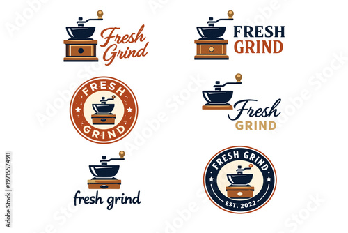 Vintage coffee grinder logos with "fresh grind" text in various styles