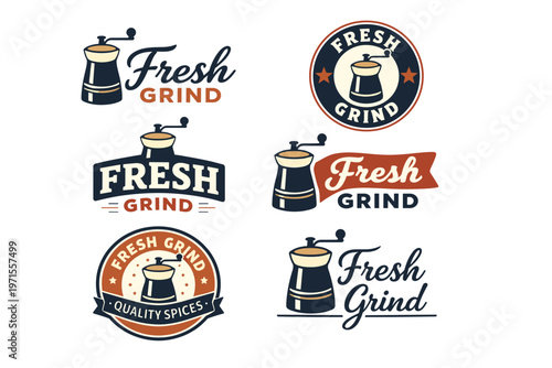 Fresh grind vintage coffee mill logo collection in retro style