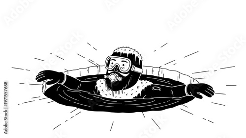 Black and white illustration of a man wearing a knit hat and scarf with outstretched arms against a white background with motion lines.