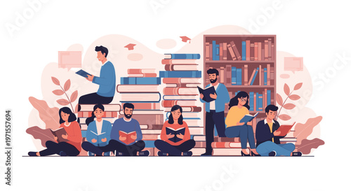 Large group of diverse students and avid readers sitting together among stacks of giant books while reading in a cozy library environment.