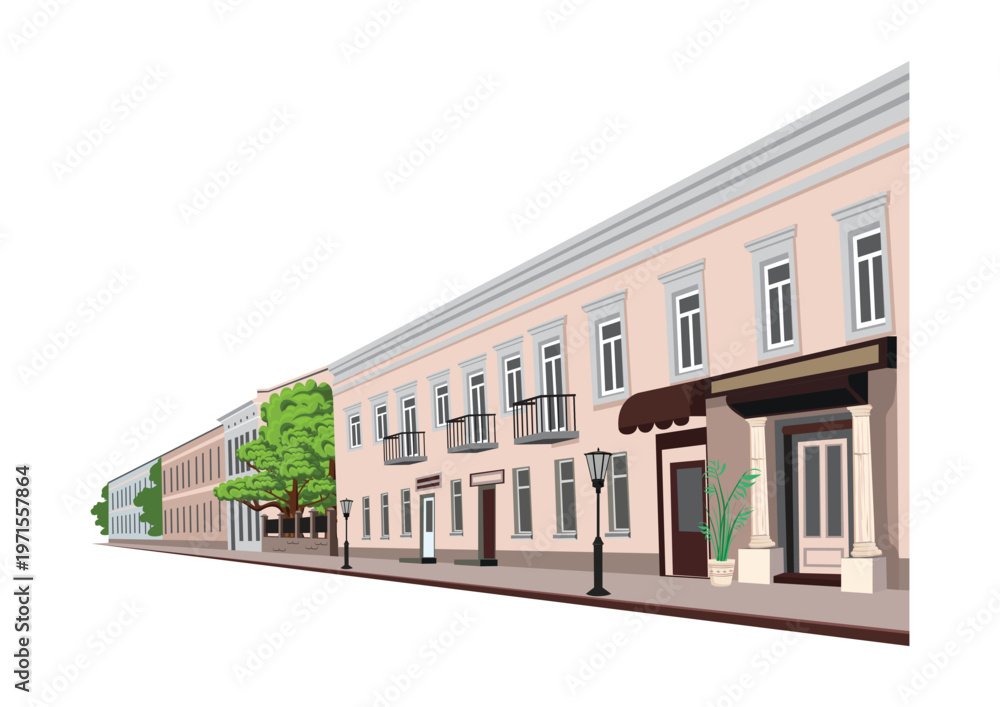 Naklejka premium One side of an old street in a modern city with houses, small shops, a road, and sidewalks, drawn in perspective. Hand-drawn vector illustration on a white background.
