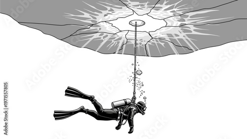 Illustration of a scuba diver swimming under a cracked ceiling towards a light source on a white background.