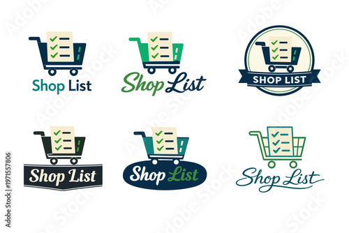 Variety of shop list logos featuring shopping cart and checklist designs