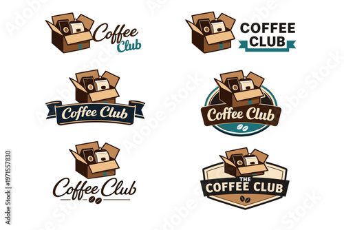Collection of coffee club logos featuring coffee cups and boxes
