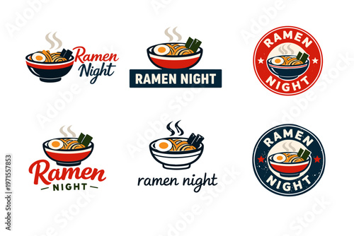 Varied ramen night logo designs featuring bowls and steam elements