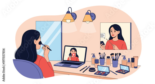 Young woman sitting at her vanity table applying makeup while watching a beauty tutorial video on her laptop screen in a bright room.