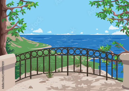 A viewing platform with a wrought-iron fence on a mountaintop overlooking the sea and valley. Hand-drawn vector illustration depicting summer vacations and travel.