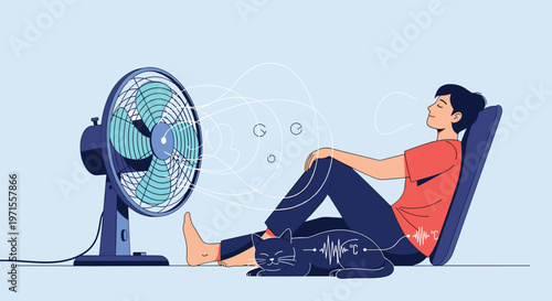 Person and their black cat relaxing comfortably on a hot summer day in front of a large electric cooling fan providing a refreshing breeze.