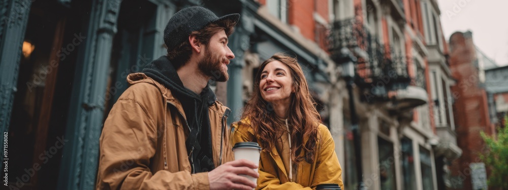 Obraz premium Young Couple Enjoying Coffee Break During City Exploration on a Cloudy Day
