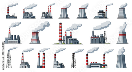 Set of various industrial factory buildings and power plants with smoking chimneys and cooling towers representing manufacturing and energy.