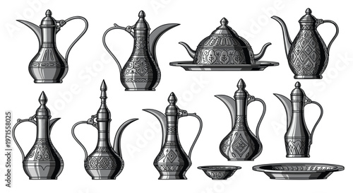 Beautifully detailed set of traditional ornate metal pitchers jugs and trays with intricate engraved patterns often used for serving coffee.