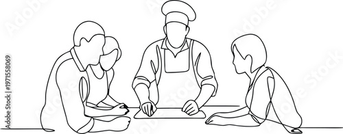 Culinary Teamwork: Chef Instructing Students In Kitchen, Continuous Line Drawing