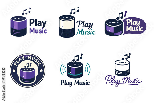Smart speaker icons with play music text and musical notes in various styles