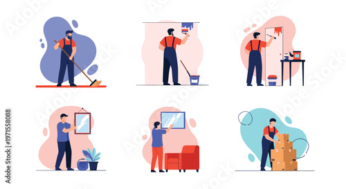 Professional handyman in blue overalls performing various home maintenance tasks like painting walls moving boxes and hanging a wall mirror.