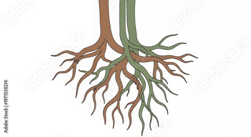 Intertwined tree roots vector illustration. Organic line art symbolizing growth and connection. Abstract nature graphic isolated on a white background