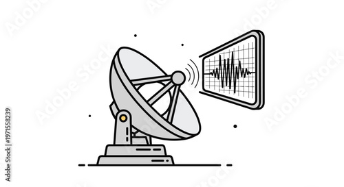 Large satellite dish antenna receiving and transmitting radio signals shown as a waveform on a nearby monitor screen for telecommunications.