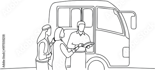 Bus Driver Accepting Ticket From Passengers Line Art Vector Illustration