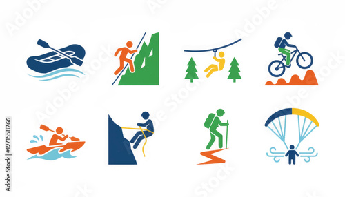 Adventure tourism and outdoor sports icon set. Collection of simple flat design vector symbols for travel and recreation. Includes rafting, climbing, hiking, and biking illustrations
