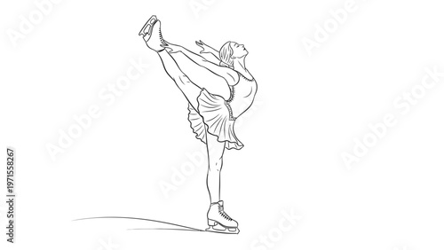 A woman in a dress and sneakers performs a high kick in a simple line drawing with a white background.