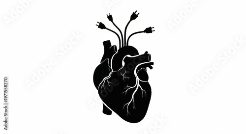 Heart illustration with electric wires and branches in black  