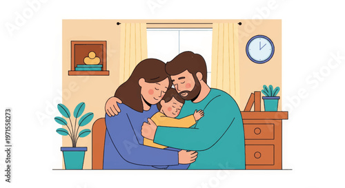 A loving family of three sharing a warm hug. Modern cartoon vector illustration of a mother, father, and child. Concept of parental love, care, and togetherness