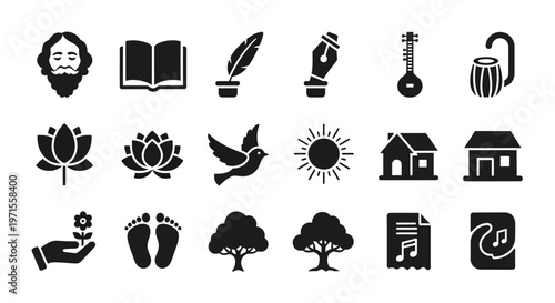 Black and white icons depicting spiritual symbols nature creativity and harmony in a minimalistic vector style design