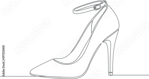 Fashionable women's high heel stiletto shoe featuring an elegant ankle strap, expertly rendered in a sleek minimalist continuous line art illustration style.