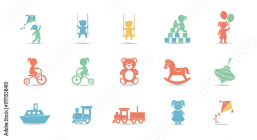 Colorful flat design icons of children playing with toys riding bicycles and engaging in playful activities featuring teddy bears trains boats and rocking horses in minimalistic