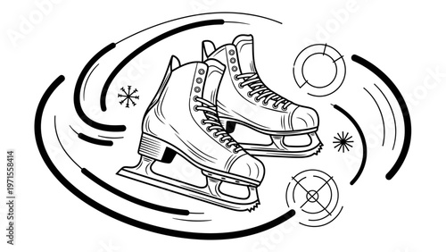 Black and white illustration of ice skates with dynamic motion lines and snowflakes on a clean white background.