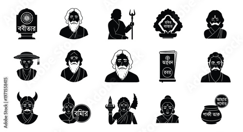 Black and white illustration set of hindu gods and goddesses with intricate details and traditional symbols