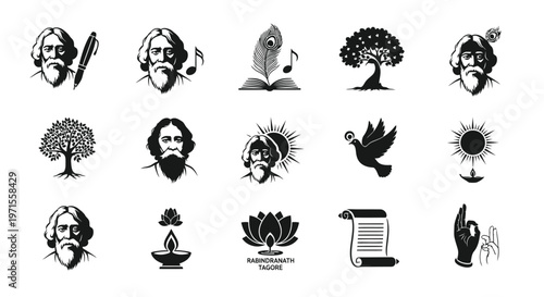 Black and white icons of faces tree bird sun meditating figure and hand symbolizing spirituality nature and mindfulness