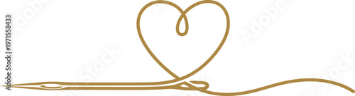 Elegant gold sewing needle pulling a delicate thread formed into a beautiful heart shape representing the love of embroidery and traditional hand crafted textile artisan work