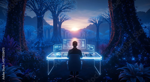 Futuristic hacker working on a glowing desk in a bioluminescent forest