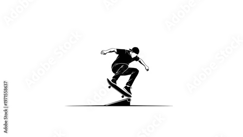 A young man performing a skateboarding trick on a solid white background with a monochromatic color scheme.