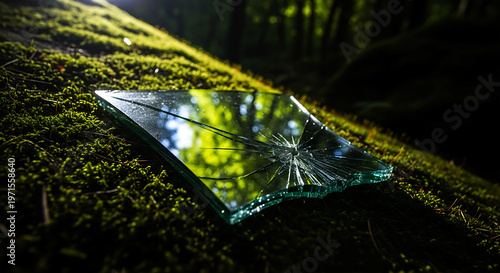 Broken glass mirror fragment lying on a mossy forest floor