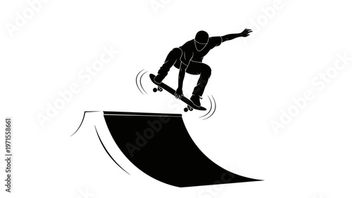 A skateboarder performs a trick on a ramp in a minimalist graphic style with a monochromatic color scheme against a plain white background.
