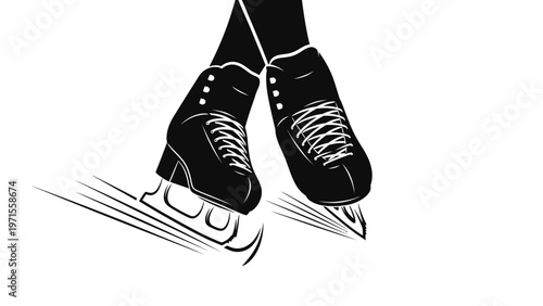 Illustration of a person's legs wearing black ice skates with white laces, gliding on ice with motion lines, against a plain white background.