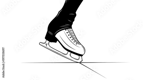 A person's leg wearing ice skates with black pants on a white background with a thin line.