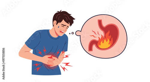 Man suffering from intense stomach ache and heartburn with a conceptual thought bubble showing a burning fire inside the human stomach organ.
